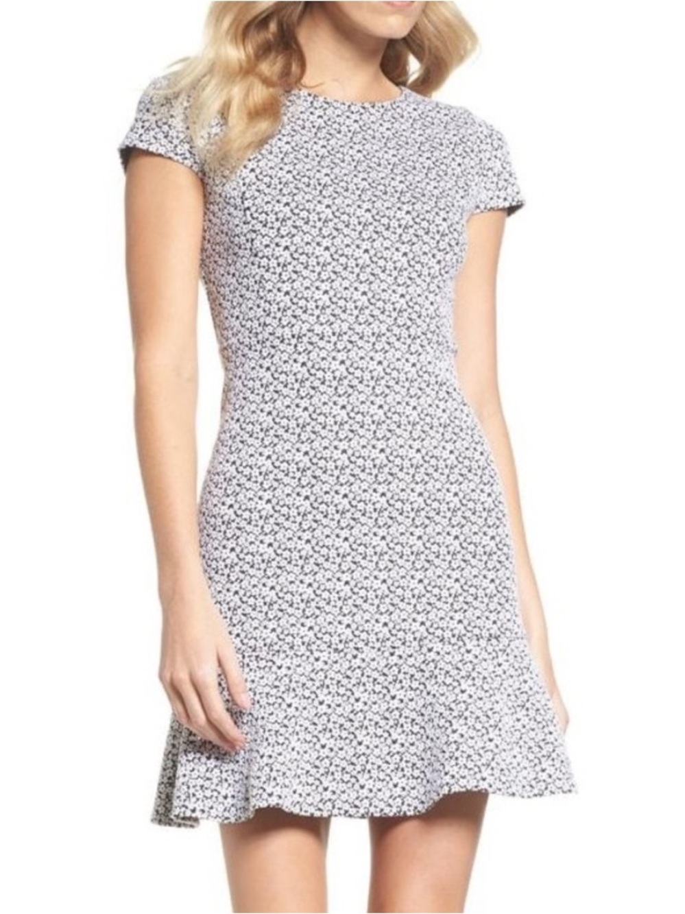 Michael Kors White and Black Floral Jacquard Print Cap-Sleeve Fit & Flare Mini M